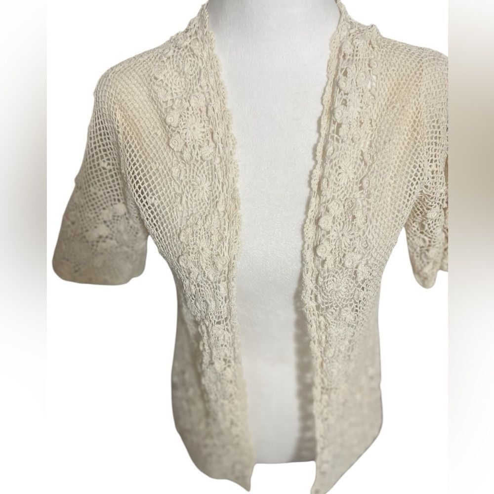 Vintage crochet sweater vest jacket cream large Japanese hand knit - Picture 11 of 11